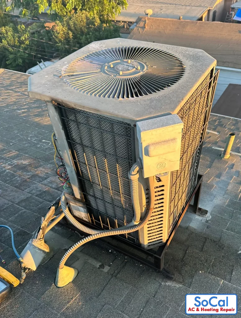 Condenser unit of an air conditioner for repair in Woodland Hills.