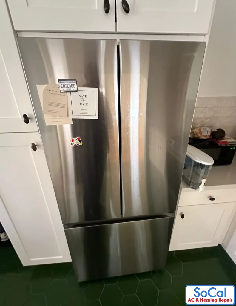 An in-cabinet French door refrigerator for repair in Woodland Hills.