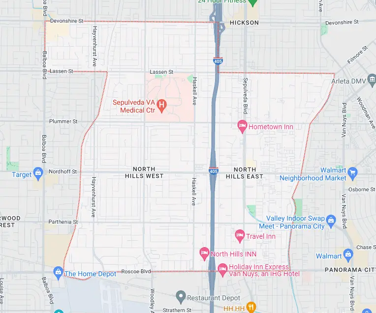 Map for appliance repair in North Hills.