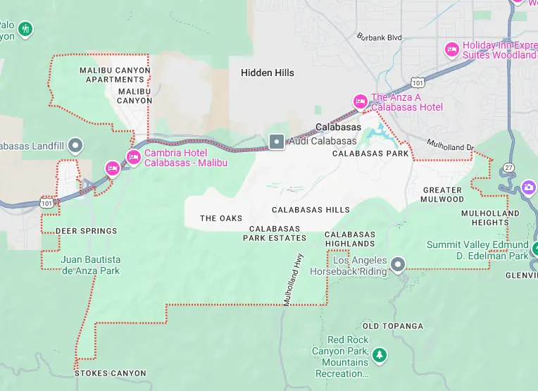 Map for appliance repair in Calabasas.