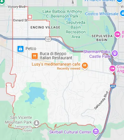 Map for appliance repair in Encino.